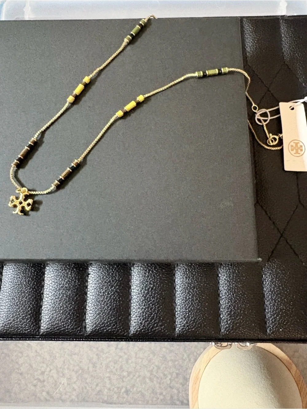 Tory Burch Gold Cross Pendant Necklace with Black Beads